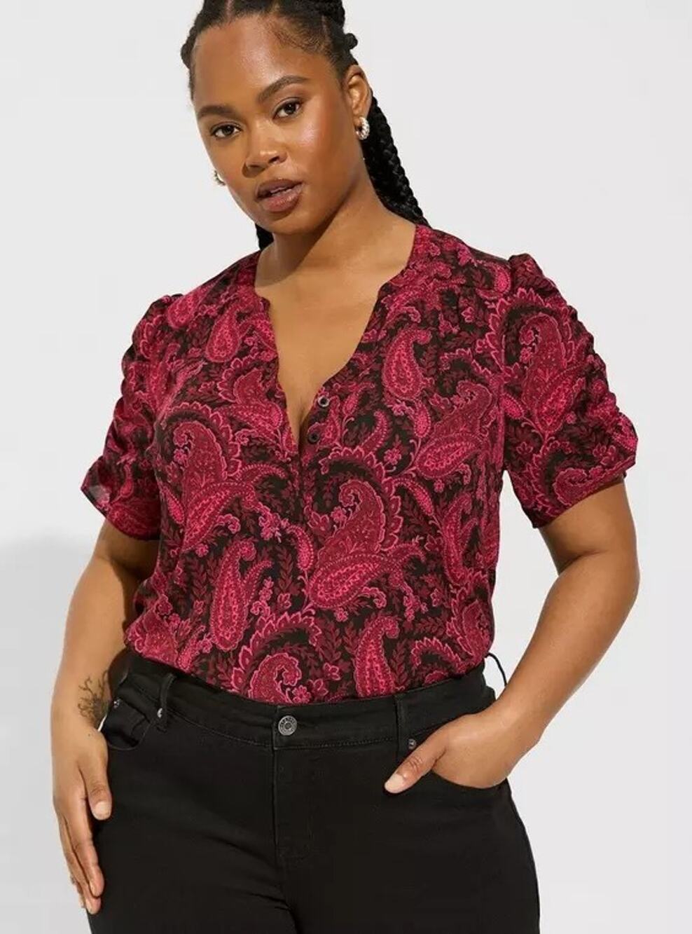 Torrid Harper Blouse Women 2 Pink Black Paisley Short Sleeve Pullover Excellent